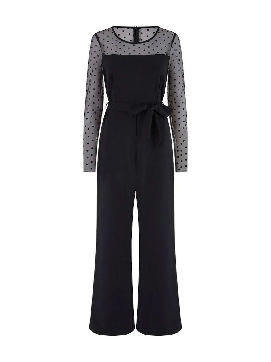 Yumi Black Spot Mesh Stretch Jumpsuit Clearance