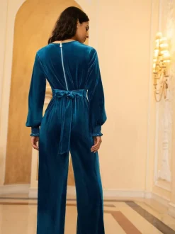 Yumi Blue Velvet Long sleeve Jumpsuit Outlet