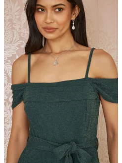 Yumi Green Sparkle Stretch Bardot Jumpsuit