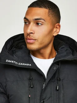 Zavetti Canada Mens Oshawa 2.0 Puffer Parka Jacket with Detachable Faux Fur Black Best