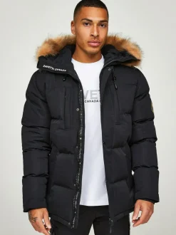 Zavetti Canada Mens Oshawa 2.0 Puffer Parka Jacket with Detachable Faux Fur Black Best